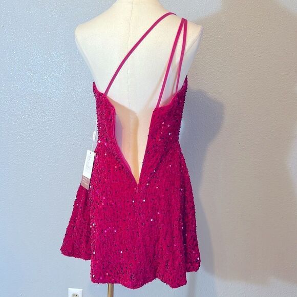 NEW A-line one shoulder sleeveless magenta color mini velvet sequins dress size4 - Picture 6 of 12